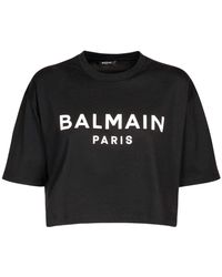 Balmain - Camiseta de algodón recortada eco-responsable con estampado de logotipo - Lyst
