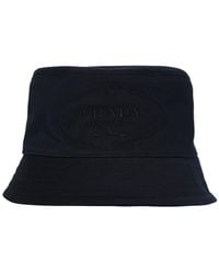Prada Cappello Bucket In Cotone Con Ricamo Logo - Nero