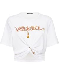 Versace Logo Cotton Crop T-shirt W/ Safety Pin - White