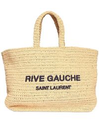 Saint Laurent Tote Aus Bedrucktem Raffia "rive Gauche" - Mettallic
