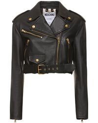 Moschino - Belted Leather Cropped Logo Jacket - Lyst