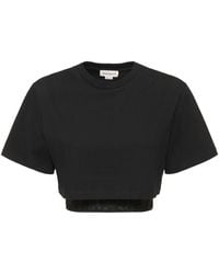Alexander McQueen - Cropped Lace Panel Cotton T-Shirt - Lyst