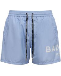 Balmain Badeshorts Aus Stretch-nylon Mit Logodruck - Blau