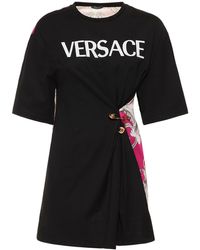 Versace Logo Printed Cotton Jersey Long T-shirt - Black