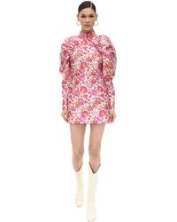 ROTATE BIRGER CHRISTENSEN Button-detailed Ruched Floral-jacquard Mini Dress - Pink