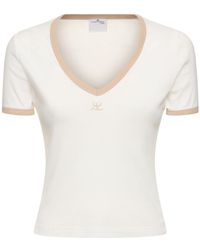 Courreges - T-shirt in cotone scollo v profilo a contrasto - Lyst