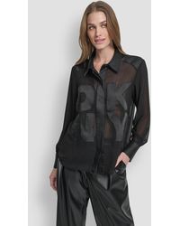 DKNY - Long Sleeve Chiffon Logo Button Front Top - Lyst