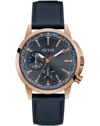 Guess - Rose Gold-tone Genuine Leather Multi-function Strap Watch - Lyst