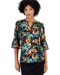 Kasper - Petite Split Neck Floral-print 3/4-length Flutter-sleeve Tunic - Lyst
