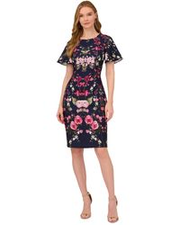 Adrianna Papell - Floral-print Elbow-sleeve Crepe Dress - Lyst
