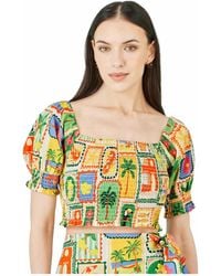 Yumi' - Cropped Shirred Postcard Print Top - Lyst