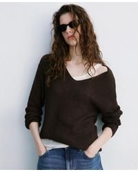 Mango - V-neck Lace Pattern Knitted Sweater - Lyst
