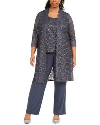 R & M Richards 3-pc. Plus Size Sequined Lace Pantsuit & Shell - Grey