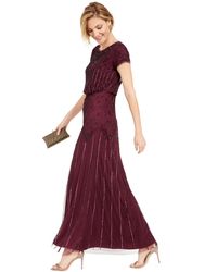 Adrianna Papell - Beaded Short-sleeve Sheer-overlay Gown - Lyst