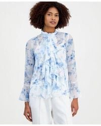 Anne Klein - Printed Ruffled Long Sleeve Blouse - Lyst