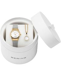 Bering Classic Silver-tone Stainless Steel Milanese Mesh Bracelet Watch 24 Mm With Crystal Necklace Gift Box Set - Metallic