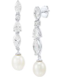Arabella - Cultured Freshwater Pearl (7 X 9mm) And Swarovksi Zirconia Drop Earrings In Sterling Silver - Lyst