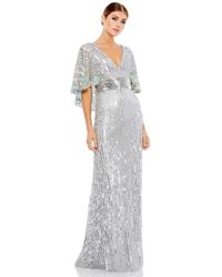 Mac Duggal - Sequined V Neck Floral Embellished Cape Sleeve Gown - Lyst
