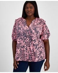Tommy Hilfiger - Plus Size Floral-print Smocked Split-neck Top - Lyst