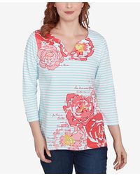 Ruby Rd. - Petite Floral Embroidered Script Stripe Three Quarter Sleeve T-shirt - Lyst