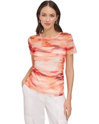 DKNY - Crewneck Side-ruched Short-sleeve Mesh Top - Lyst