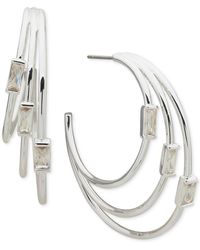 Anne Klein - Silver-tone Medium Baguette Cubic Zirconia Triple-row C-hoop Earrings - Lyst