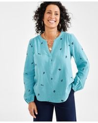 Style & Co. - Cotton Embroidered Split-neck Gauze Blouse - Lyst
