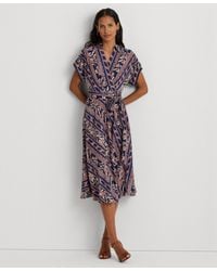 Lauren by Ralph Lauren - Geo-stripe Belted Crepe Dress - Lyst