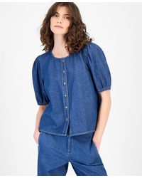 Anne Klein - Cotton Gathered Button-front Denim Blouse - Lyst