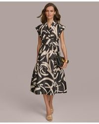 Donna Karan - Printed V-neck A-line Midi Dress - Lyst