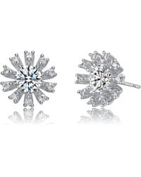 Genevive Jewelry - Sterling White Gold Plated Round And Baguette Cubic Zirconia Flower Stud Earrings - Lyst