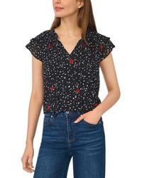 Cece - Printed Flutter-sleeve Tie Neck Top - Lyst