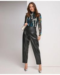 DKNY - Ruched Mesh Mock Neck Top Faux Leather Cropped Wide Leg Pants - Lyst