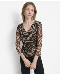DKNY - 3/4-sleeve Printed Mesh V-neck Top - Lyst