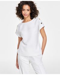 Anne Klein - Linen-blend Button-shoulder Short-sleeve Top - Lyst