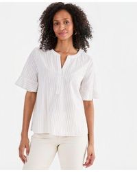 Style & Co. - Style Co Striped Cotton Split Neck Popover Top Macys Exclusive - Lyst
