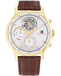 Tommy Hilfiger - Multifunction Brown Leather Watch 44mm - Lyst