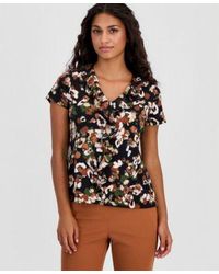 Anne Klein Essentials - Printed Ruffle Trim Short Sleeve Top - Lyst