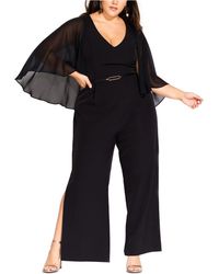 City Chic Trendy Plus Size Sheer-cape Belted Jumpsuit - Black