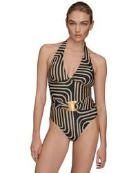 Donna Karan - Printed Belted One-piece Swimsuit - Lyst
