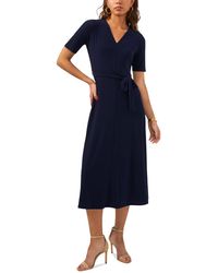 Msk - Petite V-neck Short-sleeve Belted Jersey Midi Dress - Lyst