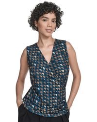 Calvin Klein - Printed Surplice-neck Ruched Blouse - Lyst