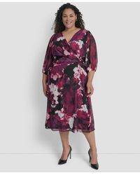 DKNY - Plus Size Bubble Sleeve Surplice Neck Front Knot Midi Dress - Lyst