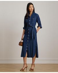 Ralph Lauren - Collared Belted Denim Midi Shirt Dress - Lyst