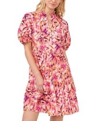 Cece - Printed Puff Sleeve Ruffled Neck V-neck Tiered Baby Doll Dress - Lyst