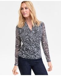 INC International Concepts - Printed Mesh Surplice-neck Top - Lyst