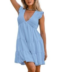 CUPSHE - Sky Blue Smocked Bodice & Flutter Sleeve Mini Beach Dress - Lyst