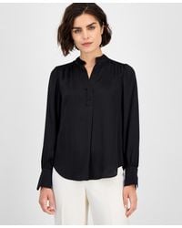 Anne Klein - Textured Split-neck Long-sleeve Top - Lyst
