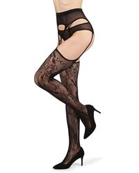 Memoi - All-in-one Lace Suspender Floral Fishnet Tights - Lyst