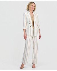 Kasper - Striped Linen Blend 3 4 Sleeve Double Breasted Blazer Pleated Satin Top Striped Linen Blend Clean Waist Pants - Lyst